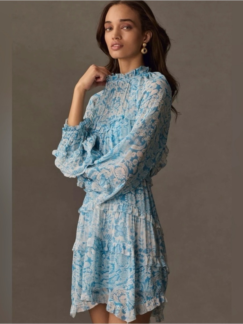 Anthropologie Sky Blue Floral Ruffle Tiered Long-Sleeve Backless Mini Dress